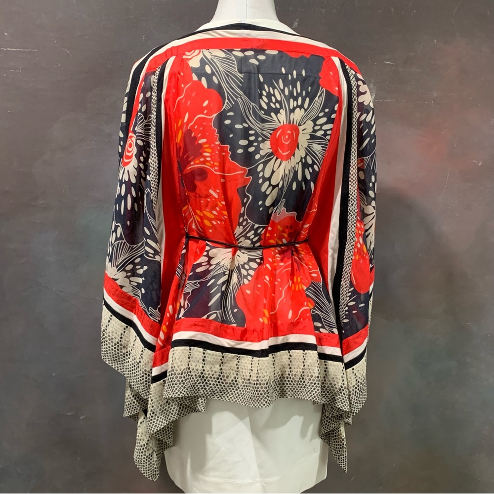 VIVIENNE TAM Silk Wrap Blouse Scarf Lace Belt Printed Floral Mixed Patterns P/S - Picture 8 of 11